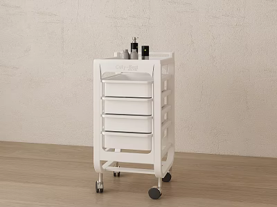 White Rolling Storage Cabinet With Multiple Drawers And Toiletries On Top 3d model