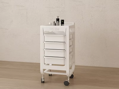 White Rolling Storage Cabinet With Multiple Drawers And Toiletries On Top 3d model