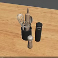 Essential Kitchen Utensils on Wooden Countertop with Whisk Rolling Pin and Spice Jar