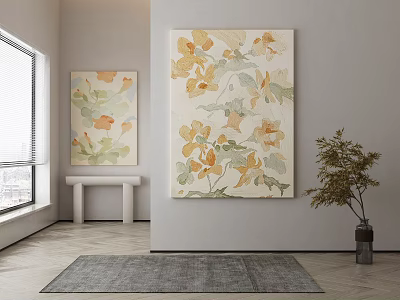 Botanical Flower Paintings With Yellow Green Hues For Modern Interior Wall Decoration 3d model
