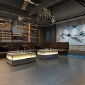 Modern KTV Room Interior With Brown Sofa Fireplace TV Bar Counter And Chandeliers
