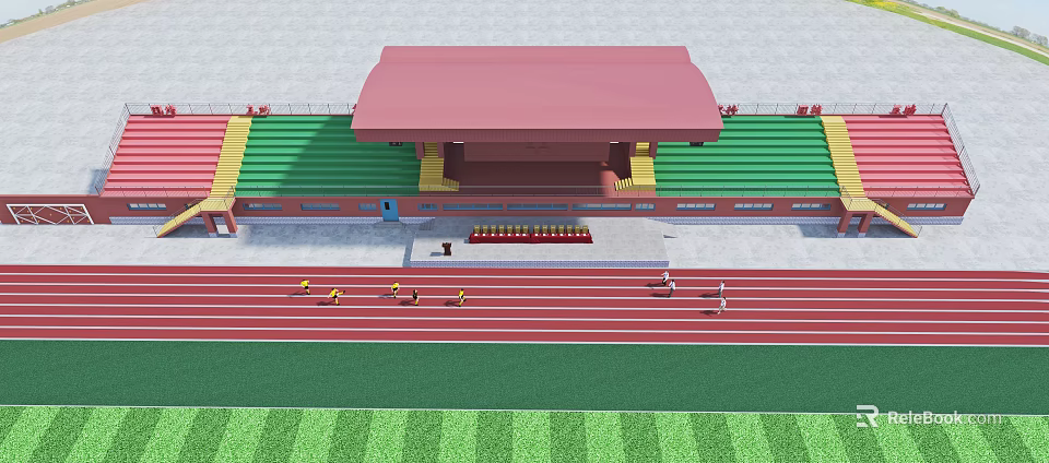 Outdoor Sports Stadium Featuring Red Running Track Green Stands Pink Roof And Athletes 3d model 