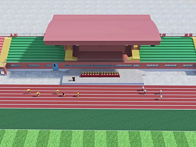 Outdoor Sports Stadium Featuring Red Running Track Green Stands Pink Roof And Athletes 3d model