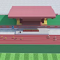 Outdoor Sports Stadium Featuring Red Running Track Green Stands Pink Roof And Athletes