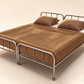 Silver Metal Frame Double Bed With Brown Bedspread Pillows And White Mattress