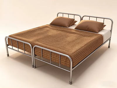 Silver Metal Frame Double Bed With Brown Bedspread Pillows And White Mattress 3d model