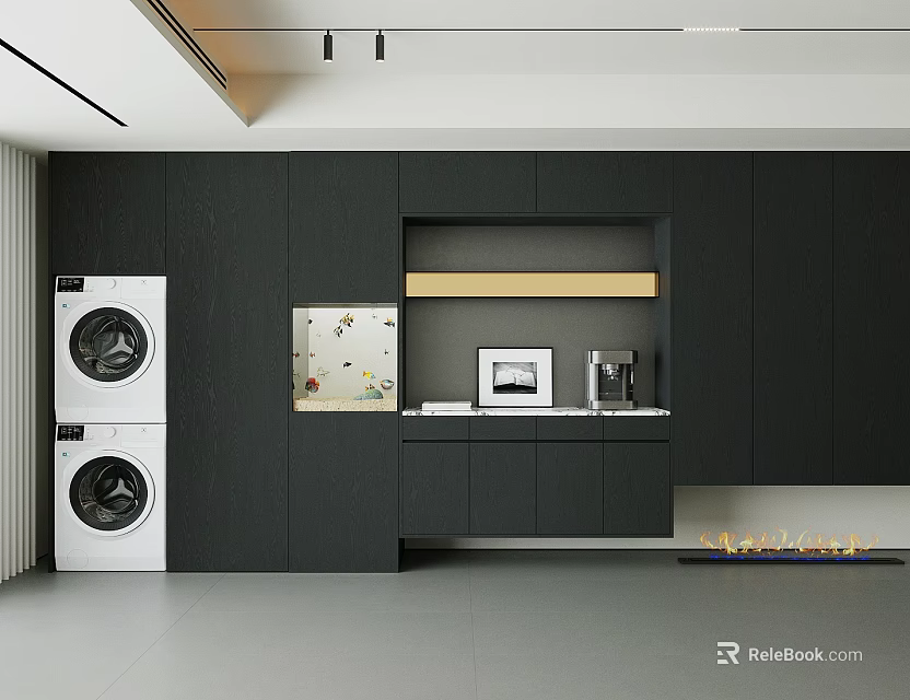 Modern Kitchen Sideboard With Black Cabinets Framed Picture And Coffee Maker On Countertop 3d model 