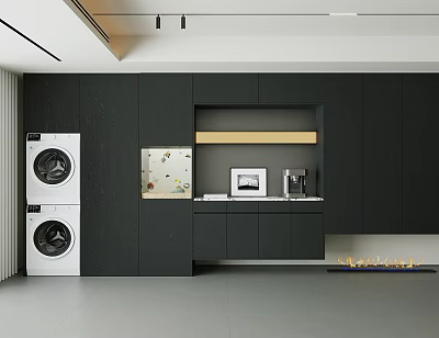 Modern Kitchen Sideboard With Black Cabinets Framed Picture And Coffee Maker On Countertop 3d model