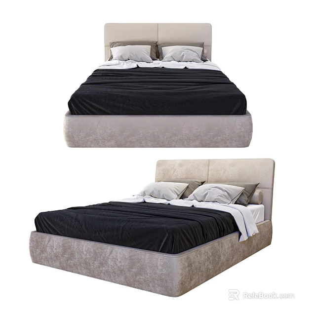 Modern Double Bed Design With Light Beige Headboard Black Bedspread And White Bedding 3d model