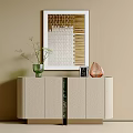Modern Console Cabinet With Light Colored Texture Green Vase Photo Frame And Framed Artwork