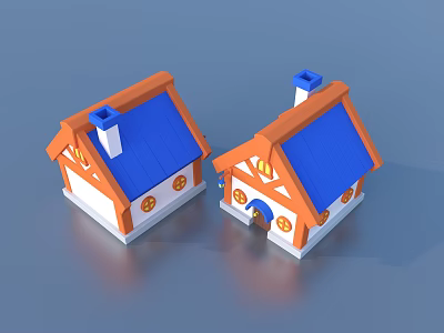 Two Cartoon Style Houses With Blue Roofs White Orange Bodies Round Windows And Chimneys 3d model