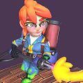 Animated Character With Red Hair Wearing Blue Yellow Outfit Spraying Yellow Liquid On Wooden Planks