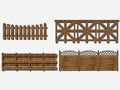 Wooden Fence Various Design Styles Including Picket Cross Pattern And Lattice Top 3d model