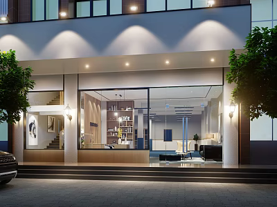 Modern Mall Store Featuring Large Glass Windows Interior Display Shelves Lighting Entrance Trees and Car 3d model