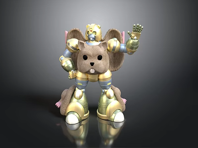 Brown Mouse Character In Golden Metallic Mechanical Armor With Crown And Waving Hand 3d model