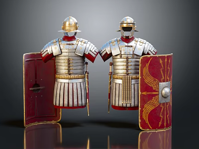 Ancient Roman Soldier Armor With Red Shields And Historical Military Gear 3d model