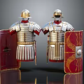 Ancient Roman Soldier Armor With Red Shields And Historical Military Gear