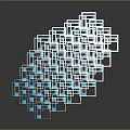 Intricate 3D Abstract Geometric Structure with White Frames and Blue Squares