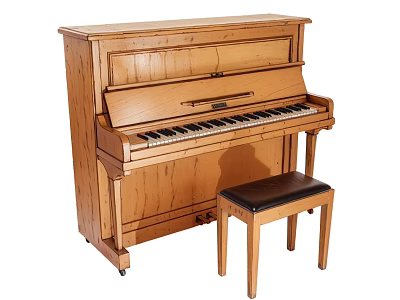 Wooden Upright Piano Musical Instrument with Black Padded Stool and Classic Design 3d model