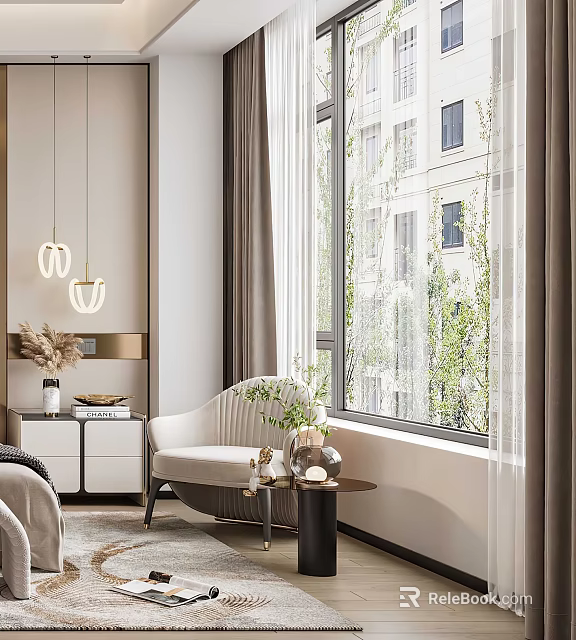 Cozy Accent Chair By Large Window With Curtains Natural Light And Decorative Side Table 3d model 
