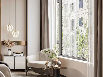 Cozy Accent Chair By Large Window With Curtains Natural Light And Decorative Side Table 3d model