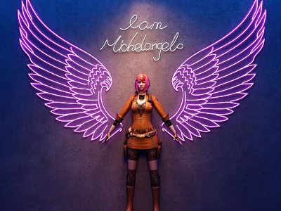 Game Movie Character With Purple Neon Wings Pink Hair Brown Outfit And Michelangelo Text 3d model