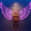 Game Movie Character With Purple Neon Wings Pink Hair Brown Outfit And Michelangelo Text