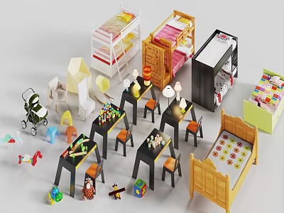 Colorful Kids' Bunk Beds With Playful Toys Small Tables And Chairs 3d model