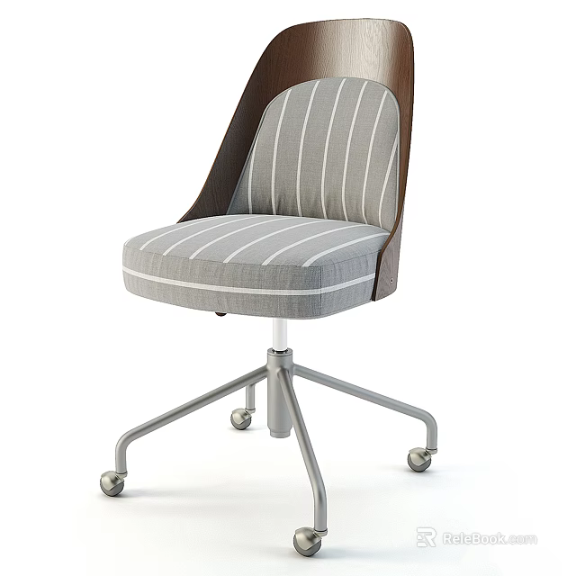 Gray And White Striped Fabric Office Chair With Wooden Frame On Silver Metal Wheeled Base 3d model 