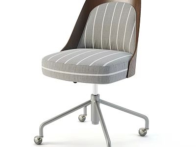 Gray And White Striped Fabric Office Chair With Wooden Frame On Silver Metal Wheeled Base 3d model