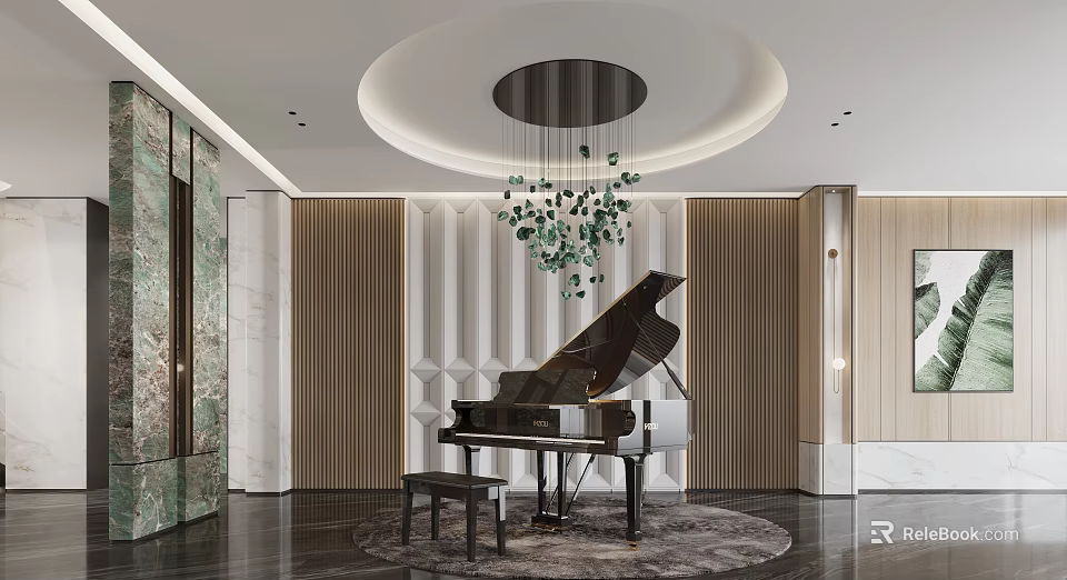 Luxurious Piano Room With Grand Piano And Chandelier 3d model 