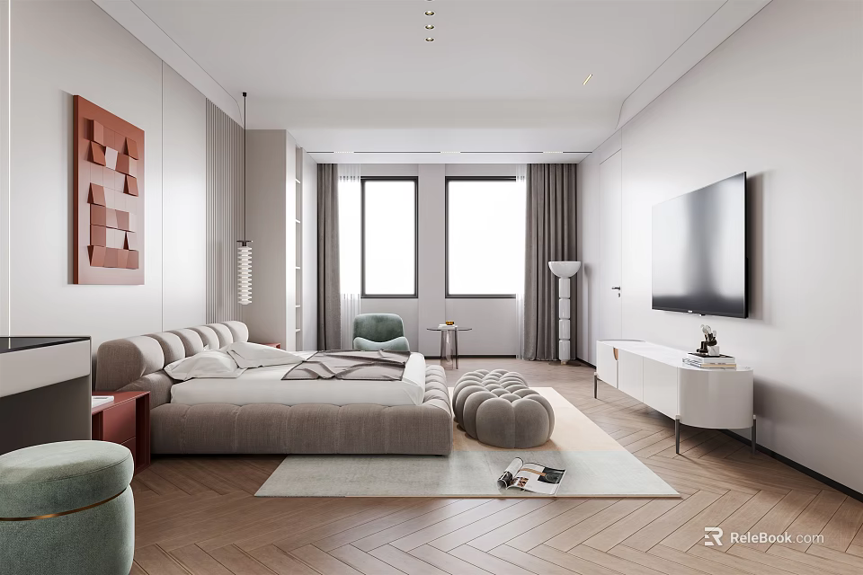 Modern Bedroom Interior With Comfortable Sofa TV Windows Decorative Painting And Wooden Floor 3d model 