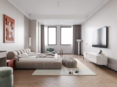 Modern Bedroom Interior With Comfortable Sofa TV Windows Decorative Painting And Wooden Floor 3d model