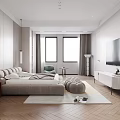 Modern Bedroom Interior With Comfortable Sofa TV Windows Decorative Painting And Wooden Floor