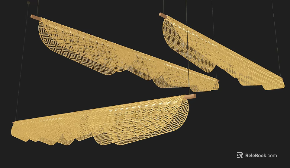 Golden Wing Shaped Chandeliers With Woven Texture Hanging On Black Background 3d model