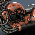 Steampunk Style Motorcycle With Large Tire Orange Black Color Mechanical Design And Animal Head Decoration