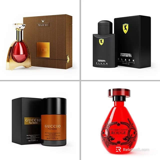 Elegant Luxury Perfume and Cosmetics With Gucci Ferrari Branded Bottles And Gift Boxes 3d model 
