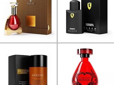 Elegant Luxury Perfume and Cosmetics With Gucci Ferrari Branded Bottles And Gift Boxes 3d model