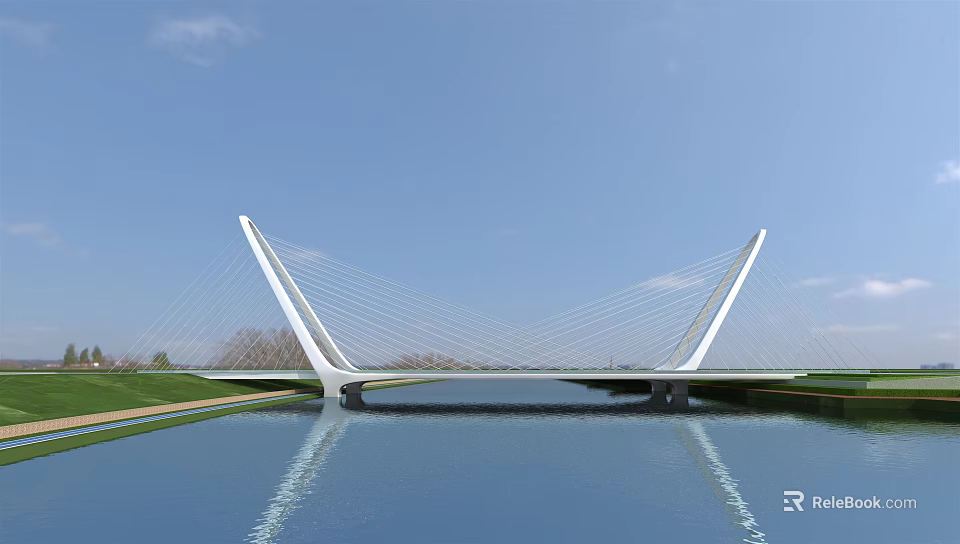 Modern Cable Stayed Landscape Bridge Spanning Calm Water With White Pylons And Blue Sky Reflection 3d model 