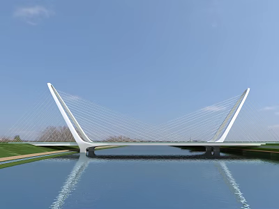 Modern Cable Stayed Landscape Bridge Spanning Calm Water With White Pylons And Blue Sky Reflection 3d model