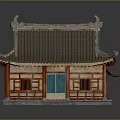 Traditional Chinese Architecture With Tiled Roof Curved Eaves Red Wooden Walls Green Door And Stone Base