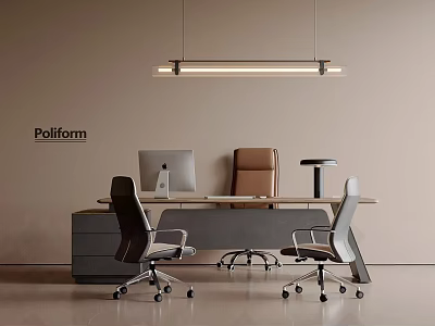 Modern Office Desk With Computer Monitor Three Chairs Hanging Light And Poliform Beige Wall 3d model