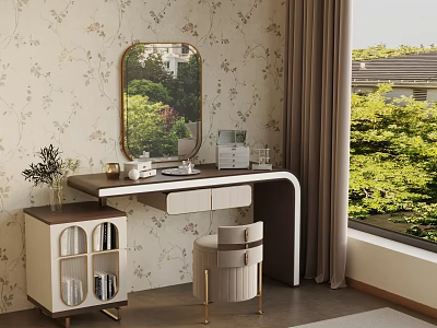 Elegant Dressing Table with Round Mirror Floral Wallpaper Stool and Greenery View Through Window 3d model