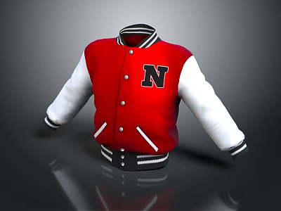 Red And White Varsity Jacket With Black N Letter Logo Button Front Striped Collar Cuffs 3d model