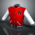 Red And White Varsity Jacket With Black N Letter Logo Button Front Striped Collar Cuffs