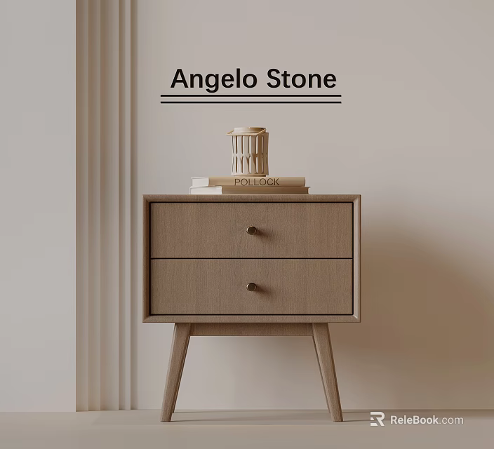 Angelo Stone Wooden Bedside Table With Two Drawers And Decorative Items On Top 3d model