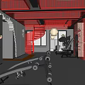 Red Themed Fitness Gym With Exercise Equipment Windows And Ceiling Pipes