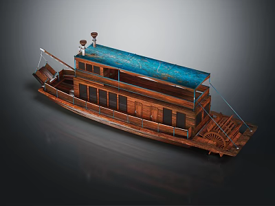 Vintage Wooden Paddle Wheel Boat With Blue Roof And Two Deck Design 3d model