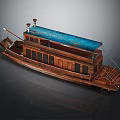 Vintage Wooden Paddle Wheel Boat With Blue Roof And Two Deck Design
