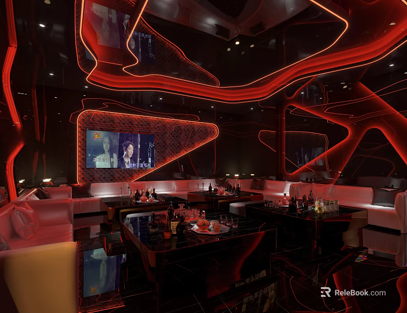 Luxurious Modern KTV Interior with Red Lighting Sofas Bar Counter and TV Screen 3d model